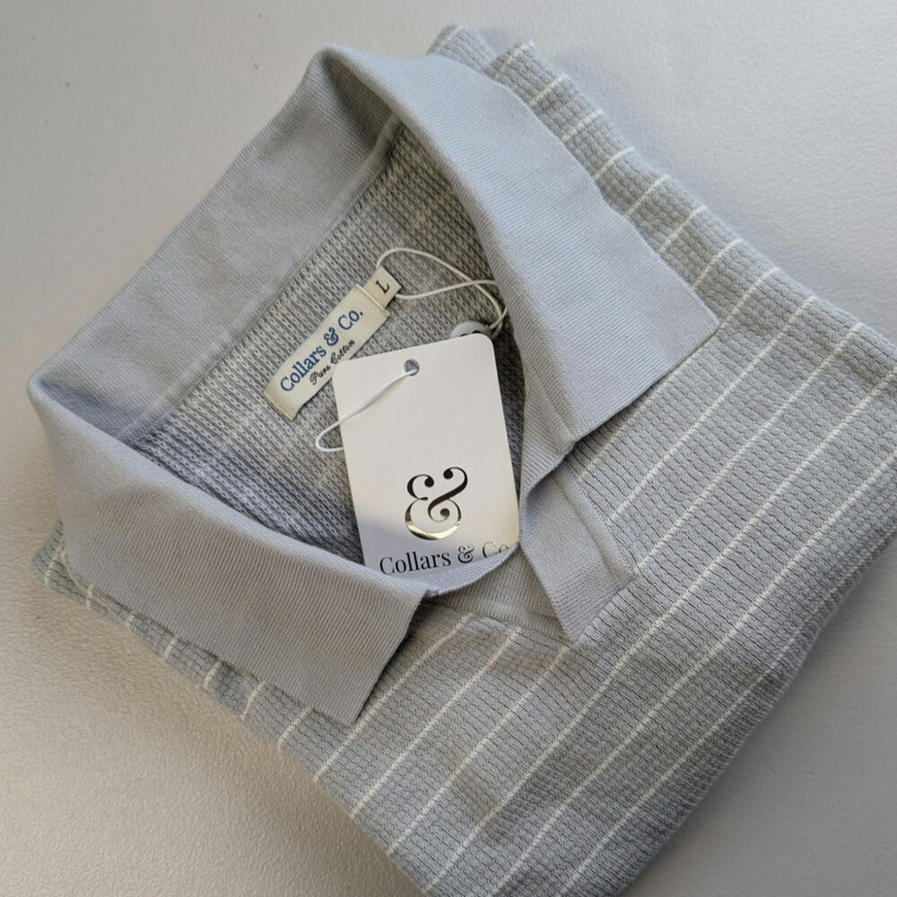Collars & Co Polo Shirt Pure Cotton Buttonless Knit Grey Stripe Preppy Large